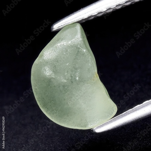 Close-Up of Raw Green Sea Glass Held by Tweezers on Black Background photo