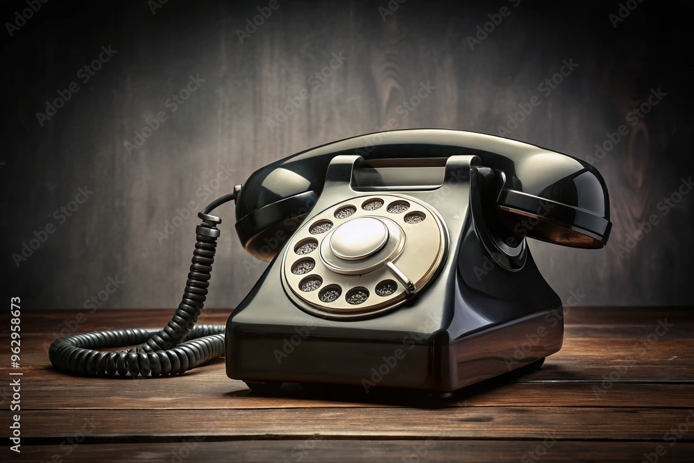 A classic rotary dial telephone sits atop a dark desk, its white and black design a nostalgic throwback