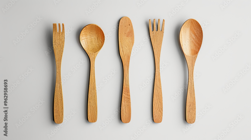 Set of wooden forks and spoons lying on white background Set of wooden forks and spoons lying on white background