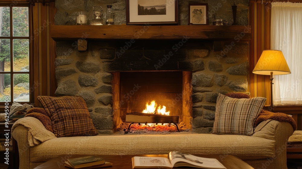 Cozy fireplace with crackling flames Cozy fireplace with crackling flames