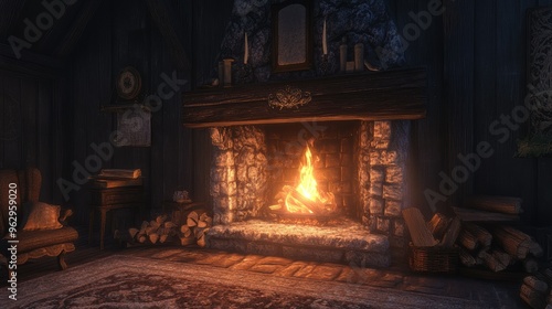 Cozy fireplace with crackling flames