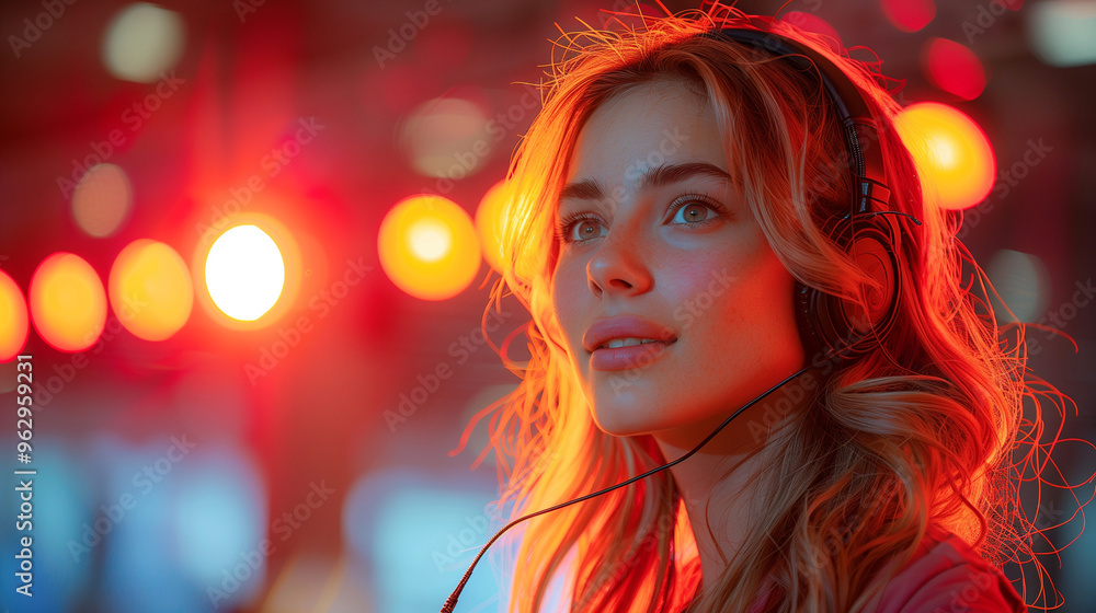 Elegant Woman.Motivational speaker with headset performing on stage. Elegant Woman.Motivational speaker with headset performing on stage.