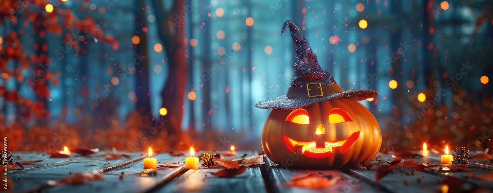 Halloween pumpkin with a witch hat on a wooden table against a spooky background, an illuminated jack o' lantern headlight and glowing candles Halloween pumpkin with a witch hat on a wooden table against a spooky background, an illuminated jack o' lantern headlight and glowing candles
