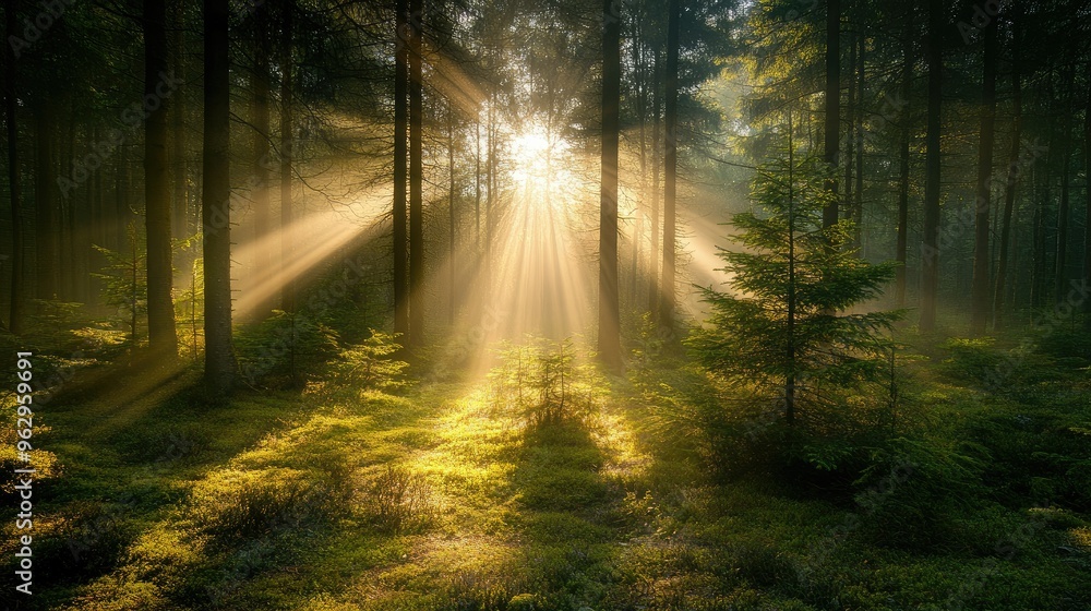 Obraz premium Bright rays illuminating a forest