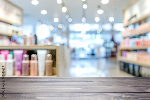 Beauty store interior with wooden floor and shelves filled with cosmetics products. Vibrant colors including pink, blue, orange create inviting atmosphere in mall setting.