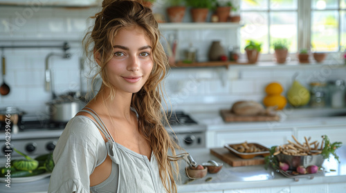 Young culinary virtuoso in a modern, white kitchen, marrying elegance with health in her cooking .