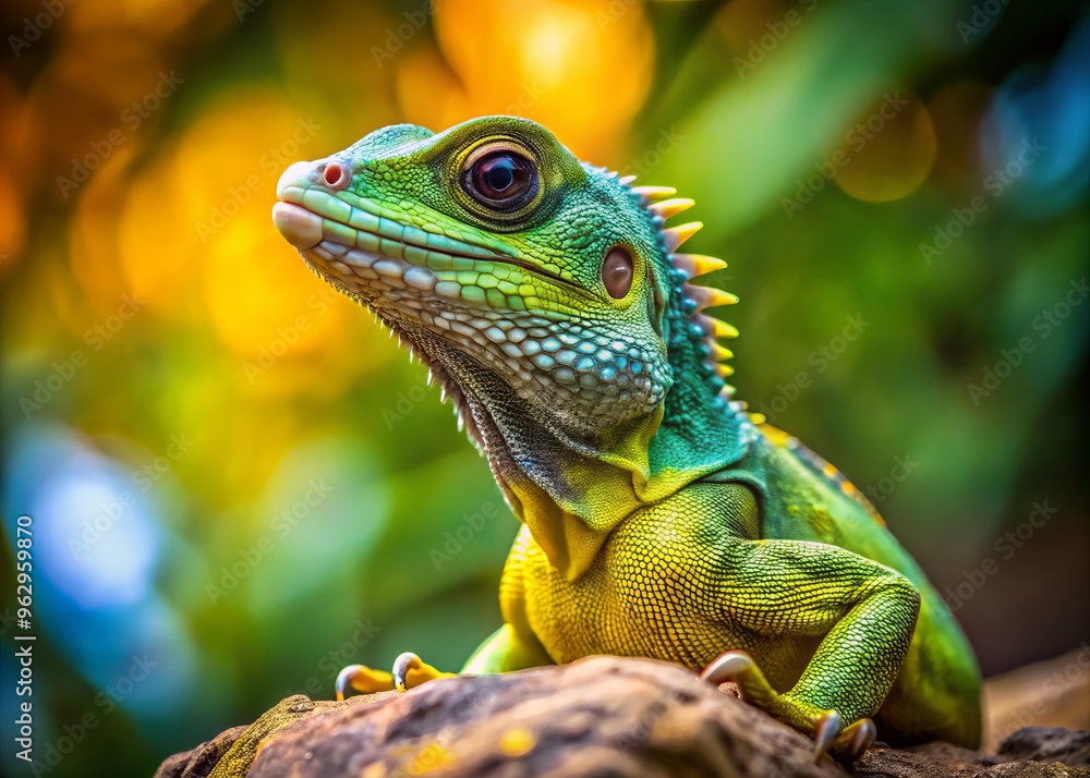 Obraz premium A compact bundle of energy, the green and yellow dragon lizard sits atop a rocky throne, its camouflage