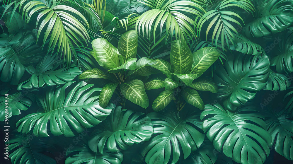 Tropical green leaves overlapping forming a natural background Tropical green leaves overlapping forming a natural background