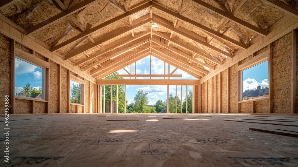 New residential home framing being built with vaulted ceilings New residential home framing being built with vaulted ceilings