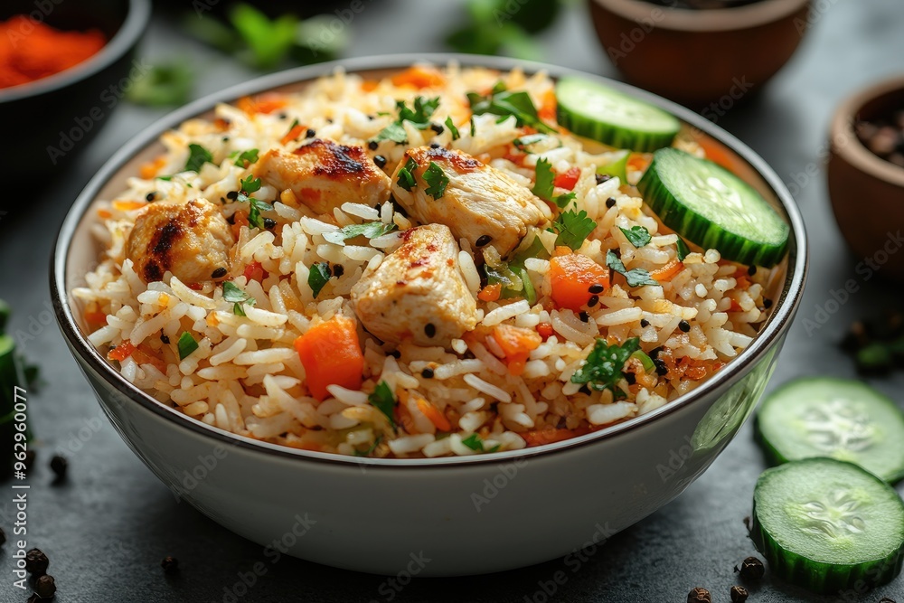 Bowl of chicken biryani garnished with cucumber and herbs Bowl of chicken biryani garnished with cucumber and herbs