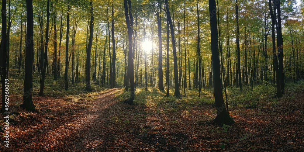 Fototapeta premium Sun shining through forest trees on hiking trail