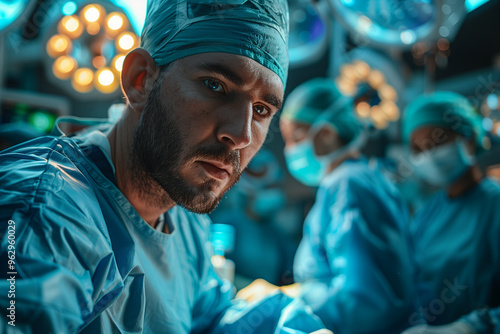 Focused Surgical Professional in Scrubs Performing an Operation Under Bright Operating Room Lights.