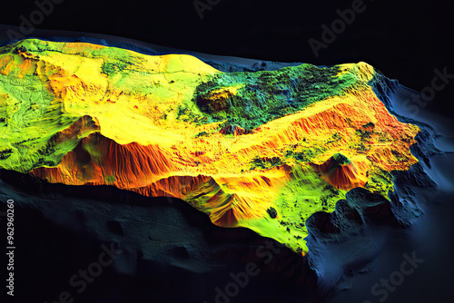 Technical aerial visual, 3D LiDAR GIS aerial map satellite scan model isolated, showing Bata, Equatorial Guinea. Elevation, topography, render photo