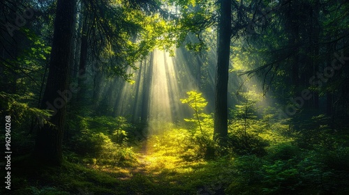 Bright rays illuminating a forest