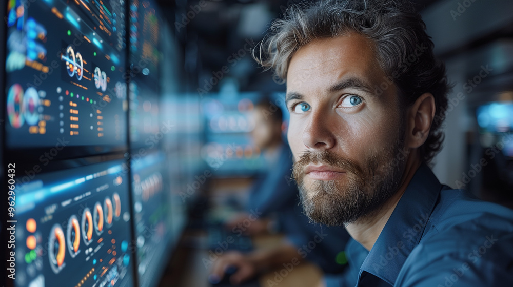 Obraz premium double exposure. Handsome male amd Floor paln. system security specialist working on computer at system control center.