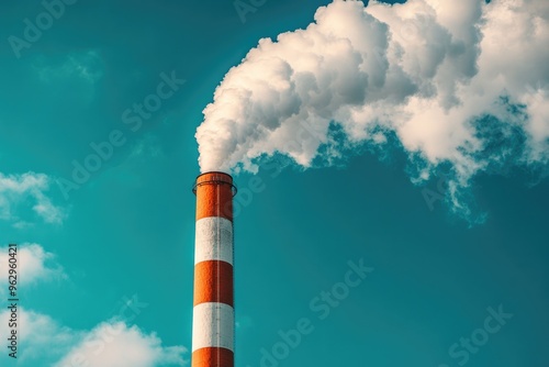 Industrial chimney emitting smoke into the atmosphere on blue sky