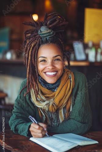 A woman with dreadlocks, smiling while writing in a journal at a riverside cafe