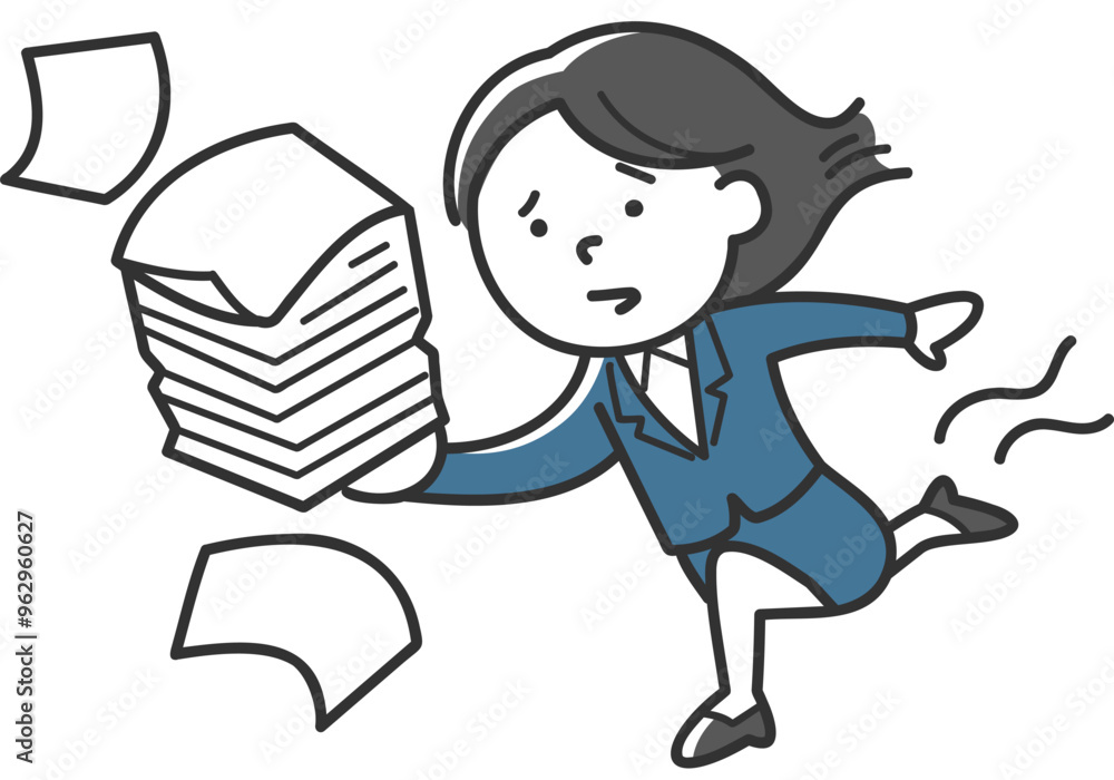 山盛りの紙を持ってフラフラするスーツを着た女性社員 山盛りの紙を持ってフラフラするスーツを着た女性社員