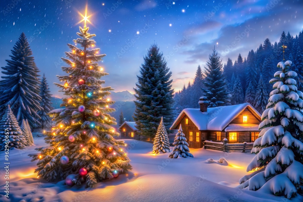 Snowy winter night with decorated christmas tree and cozy cabins in forest landscape Snowy winter night with decorated christmas tree and cozy cabins in forest landscape