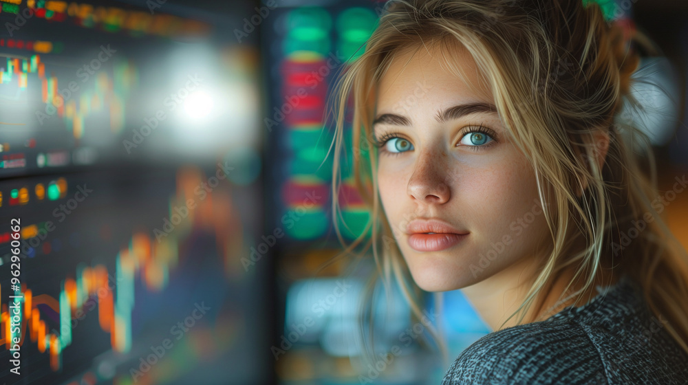 a young beautiful woman looking at the monitor with stock market data. Trading and financial concept. a young beautiful woman looking at the monitor with stock market data. Trading and financial concept.