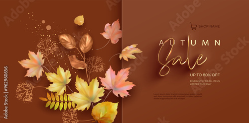 Autumn Sale banner with maple leaves and drawn plants. Abstract fall collage