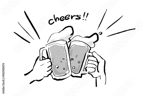 ビールの乾杯イラスト(cheers、グレースケール)