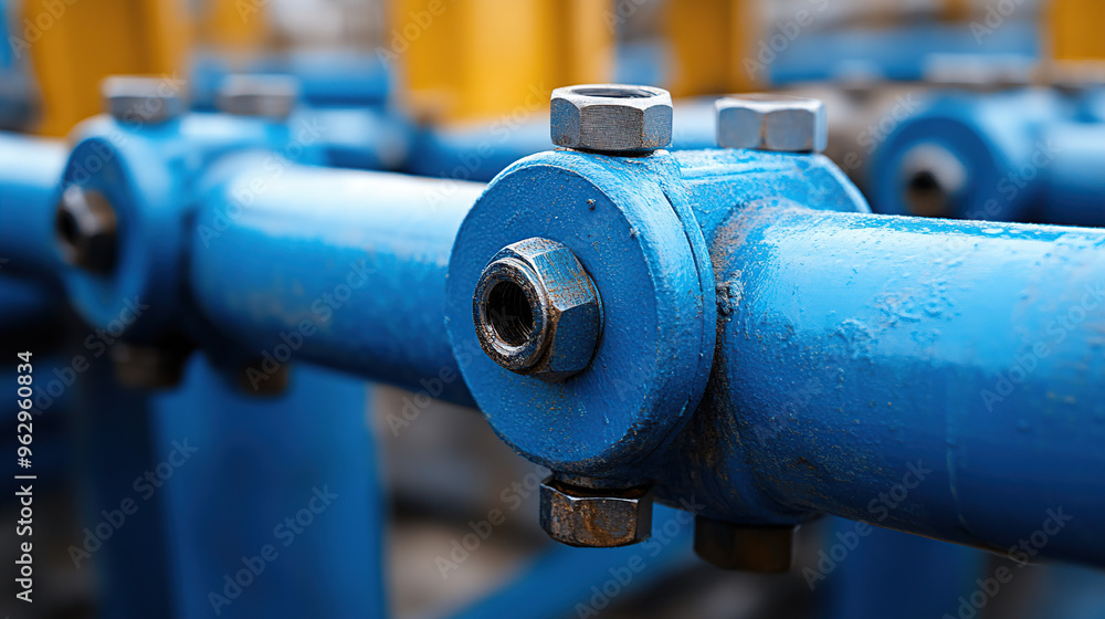 Close-up of blue pipe bolts on a steel frame, industrial background Close-up of blue pipe bolts on a steel frame, industrial background