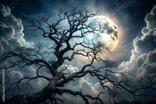 A dark moon casts an eerie glow over twisted branches, their gnarled fingers reaching out like skeletal claws, photo