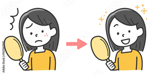 手鏡を持ってニキビを気にしている女性の治る前後のイラスト