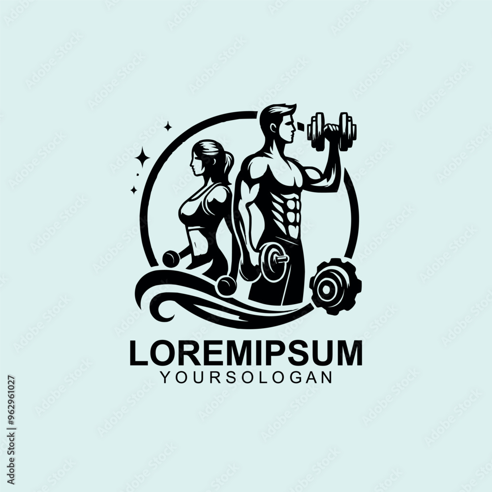 Obraz premium Fitness Center logo. Sport and fitness logo Design . Gym Logo Icon Design Vector Stock, or emblem with woman and man silhouettes.