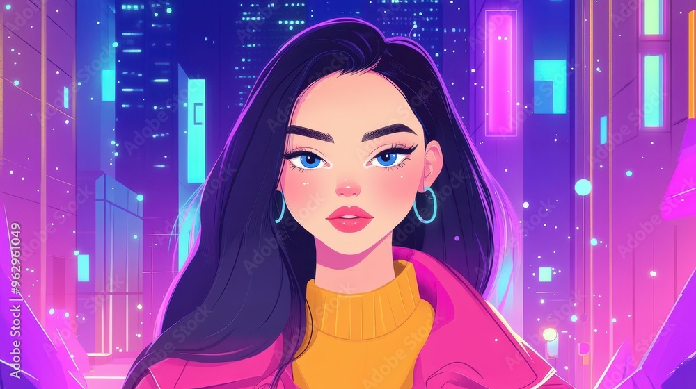 A vibrant portrait of a woman adorned in neon light, capturing the essence of modern urban life in a playful illustration. A vibrant portrait of a woman adorned in neon light, capturing the essence of modern urban life in a playful illustration.