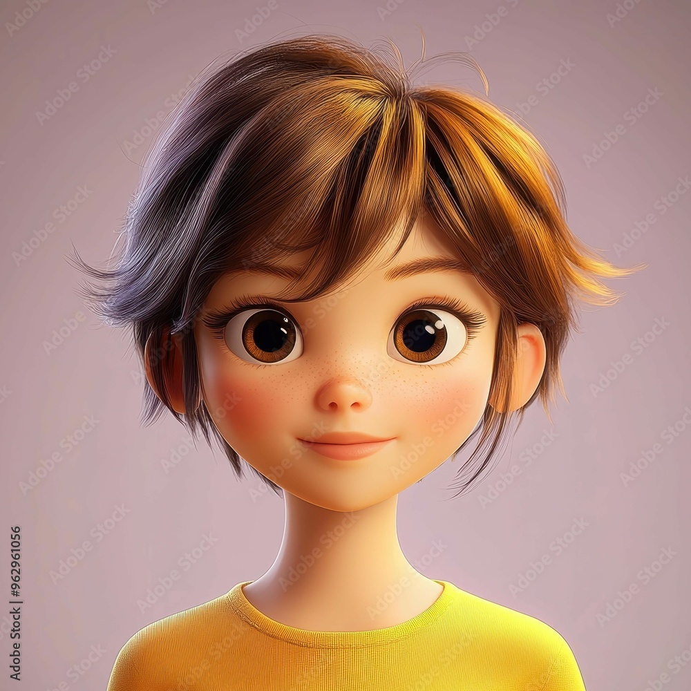 A joyful cartoon girl with short brown hair, crafted in super realism, stands out against a vibrant gradient background. A joyful cartoon girl with short brown hair, crafted in super realism, stands out against a vibrant gradient background.