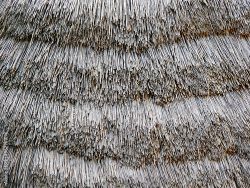 Fragment of an ancient thatched roof. Roofing of a building made of natural material. Texture