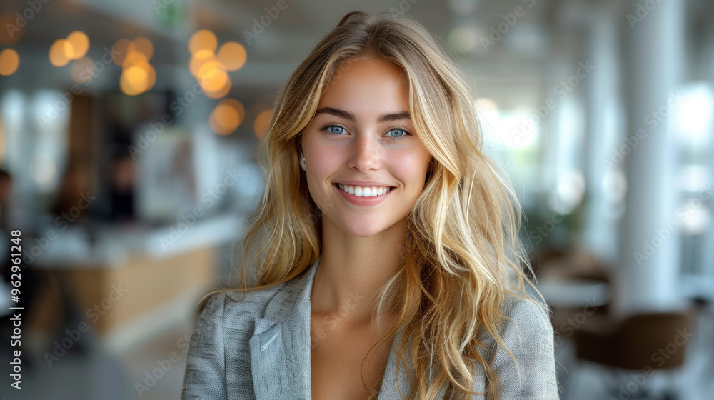 Smiling beautiful elegant businesswoman standing at lobby in a modern business office tower. bright white tone. bright white tone. Smiling beautiful elegant businesswoman standing at lobby in a modern business office tower. bright white tone. bright white tone.