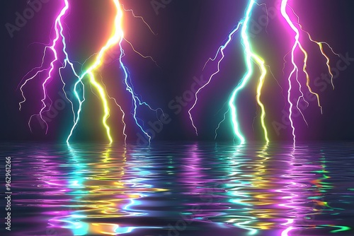 Colorful lightning storm reflected in water, dramatic abstract nature background