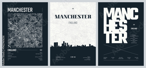 Set of travel posters with Manchester, detailed urban street plan city map, Silhouette city skyline, vector artwork, set 2 photo