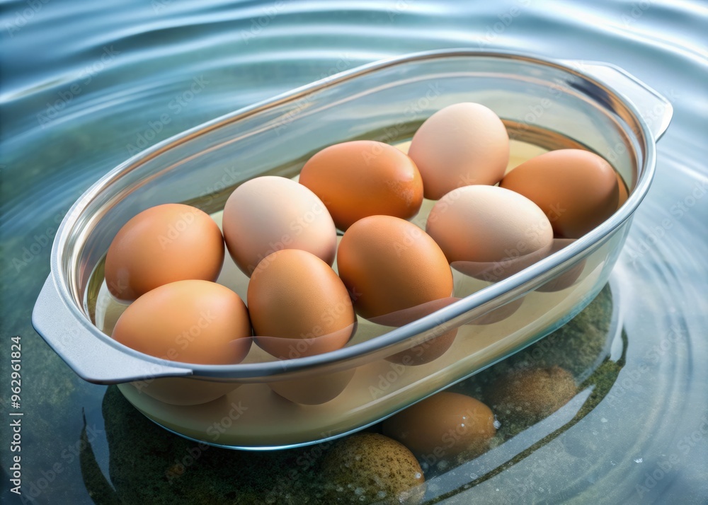 * A delicate oval container holds clean, cold water and fresh eggs, poised to test their buoyancy. * A delicate oval container holds clean, cold water and fresh eggs, poised to test their buoyancy.