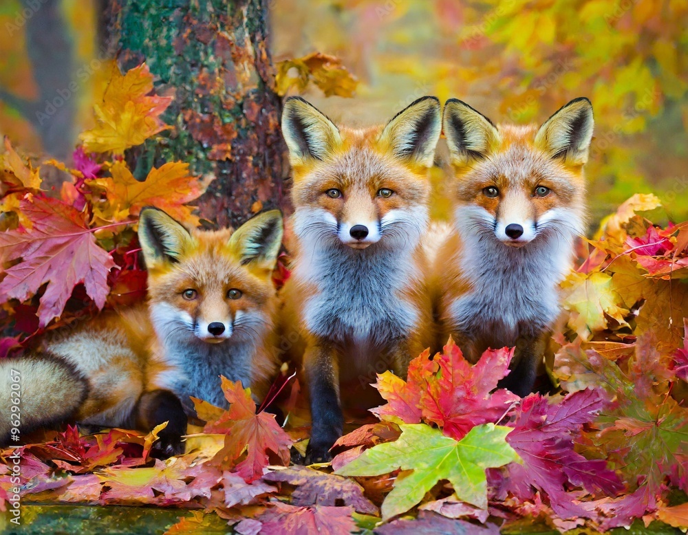 Fototapeta premium Füchse zwischen Ahornblättern im Herbst