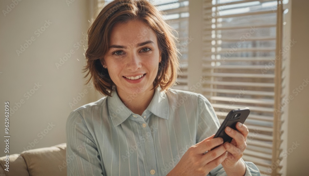 Happy relaxed young woman sitting on couch using cell phone, smiling lady laughing holding smartphone, looking at cellphone enjoying doing online ecommerce shopping in mobile apps or watching videos. Happy relaxed young woman sitting on couch using cell phone, smiling lady laughing holding smartphone, looking at cellphone enjoying doing online ecommerce shopping in mobile apps or watching videos.