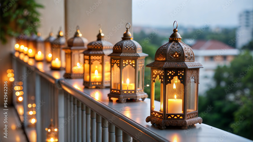 Glowing Diwali lanterns adorning balcony railing against twilight city backdrop Glowing Diwali lanterns adorning balcony railing against twilight city backdrop
