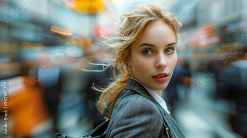 Morning rush: Confident businesswoman in hurry with business people blurred in background. Blonde businesswoman wearing suit and bag on shoulder.