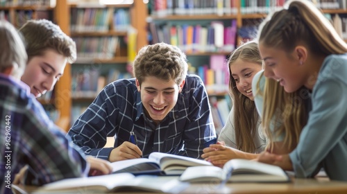 Group of high school students studying together at a table in a library