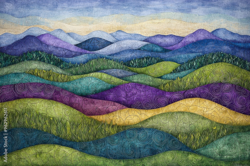 Colorful mountainous landscape with rolling hills and meadows Colorful mountainous landscape with rolling hills and meadows