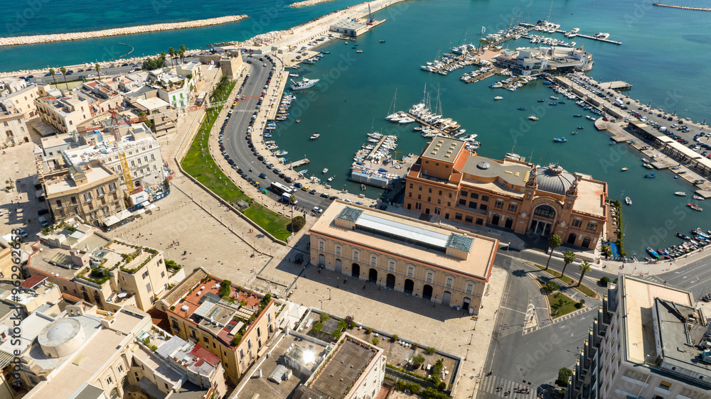 Fototapeta premium Aerial view of the Margherita theater in Bari, Puglia, Italy. It is located on the city's waterfront, near the tourist pier and Ferrarese square in the historic centre, called Old Bari.
