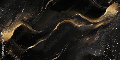 Abstract black, gold background made from watercolor and oil ink	