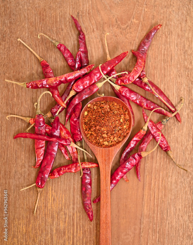 Dried chilies with chili powder, pepper, and  in a wooden spoon Spicy seasoning Healthy food, top view