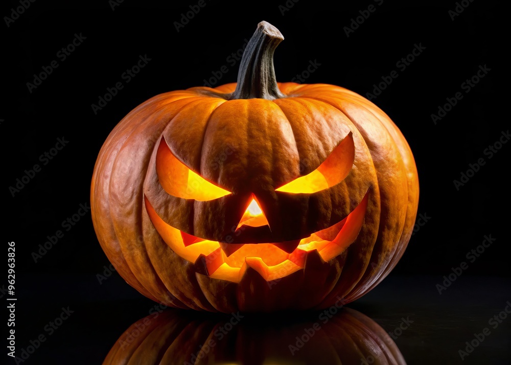 A glowing orb of orange sits atop a black background, its carved eyes and mouth seeming to stare A glowing orb of orange sits atop a black background, its carved eyes and mouth seeming to stare