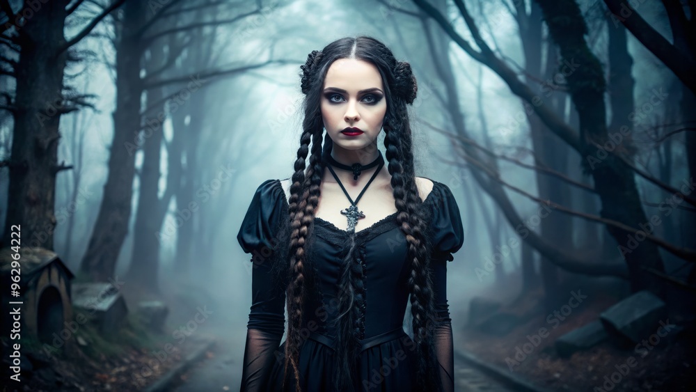 A Gothic maiden with porcelain skin and cascading dark braids stands starkly in the desolate, moonlit cemetery, A Gothic maiden with porcelain skin and cascading dark braids stands starkly in the desolate, moonlit cemetery,