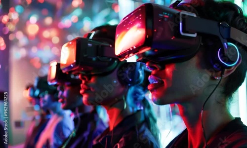 Group of people immersed in virtual reality experience with headsets