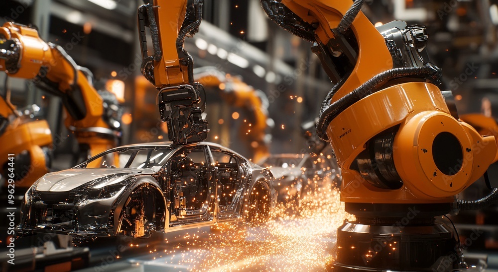 Robotic arms assembling a bright orange car in a modern automotive factory during the daytime showcasing advanced manufacturing techniques Robotic arms assembling a bright orange car in a modern automotive factory during the daytime showcasing advanced manufacturing techniques